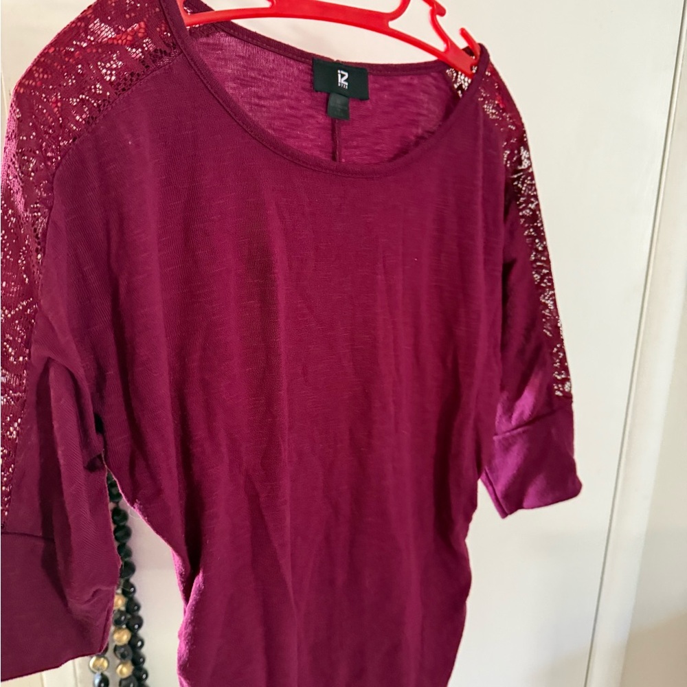 Iz Byer Deep Purple Lace Sleeve Blouse